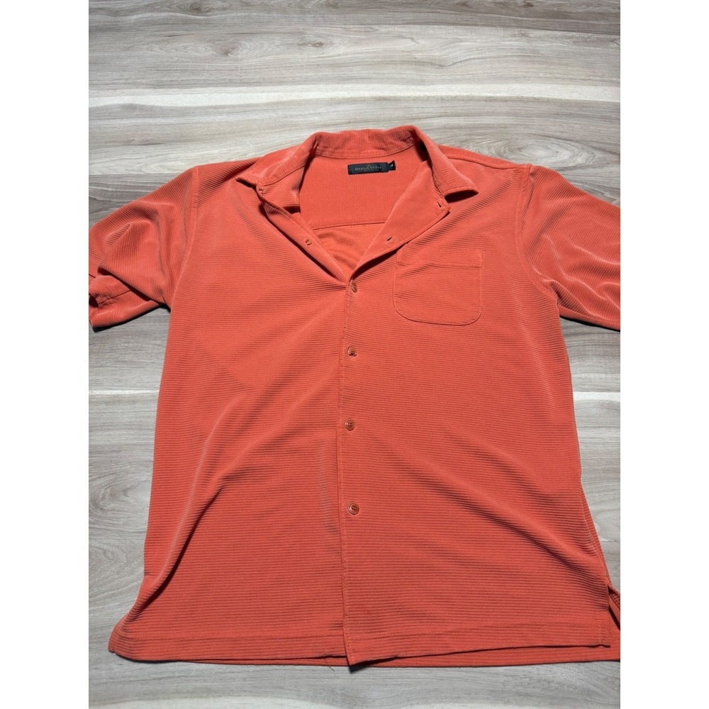 Bugatchi Uomo Button Up Shirt Men M Orange Ribbed Modal Blend Short Sleeve Casua